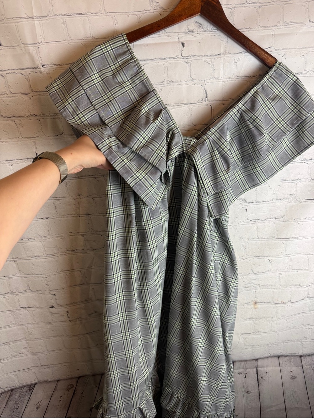 Mecla One-Shoulder Plaid Midi Dress in Green and Gray Medium - Picture 11 of 13